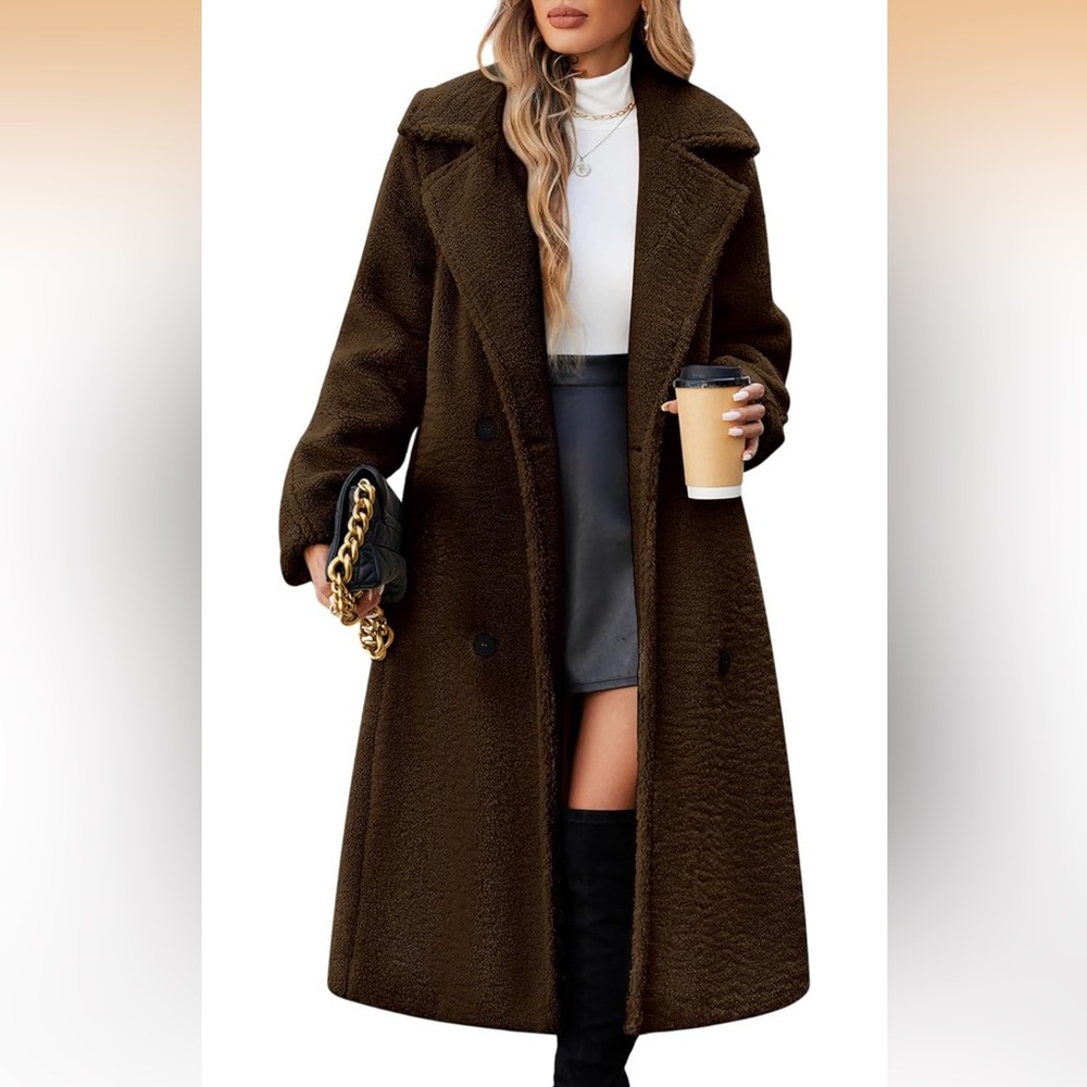 Women's Oversized Double-Breasted Brown Teddy Coat